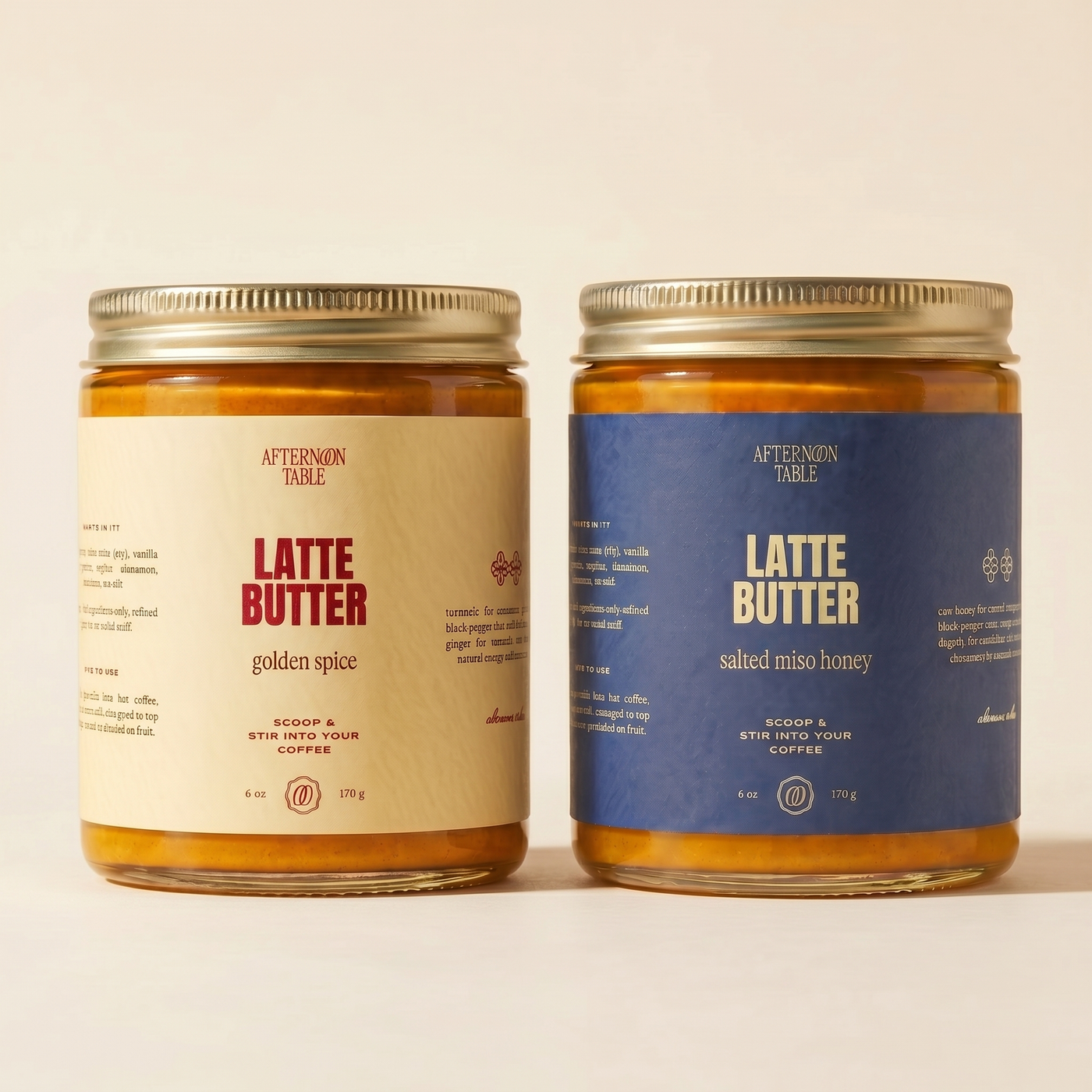 two latte butter jars, golden spice and salted miso honey