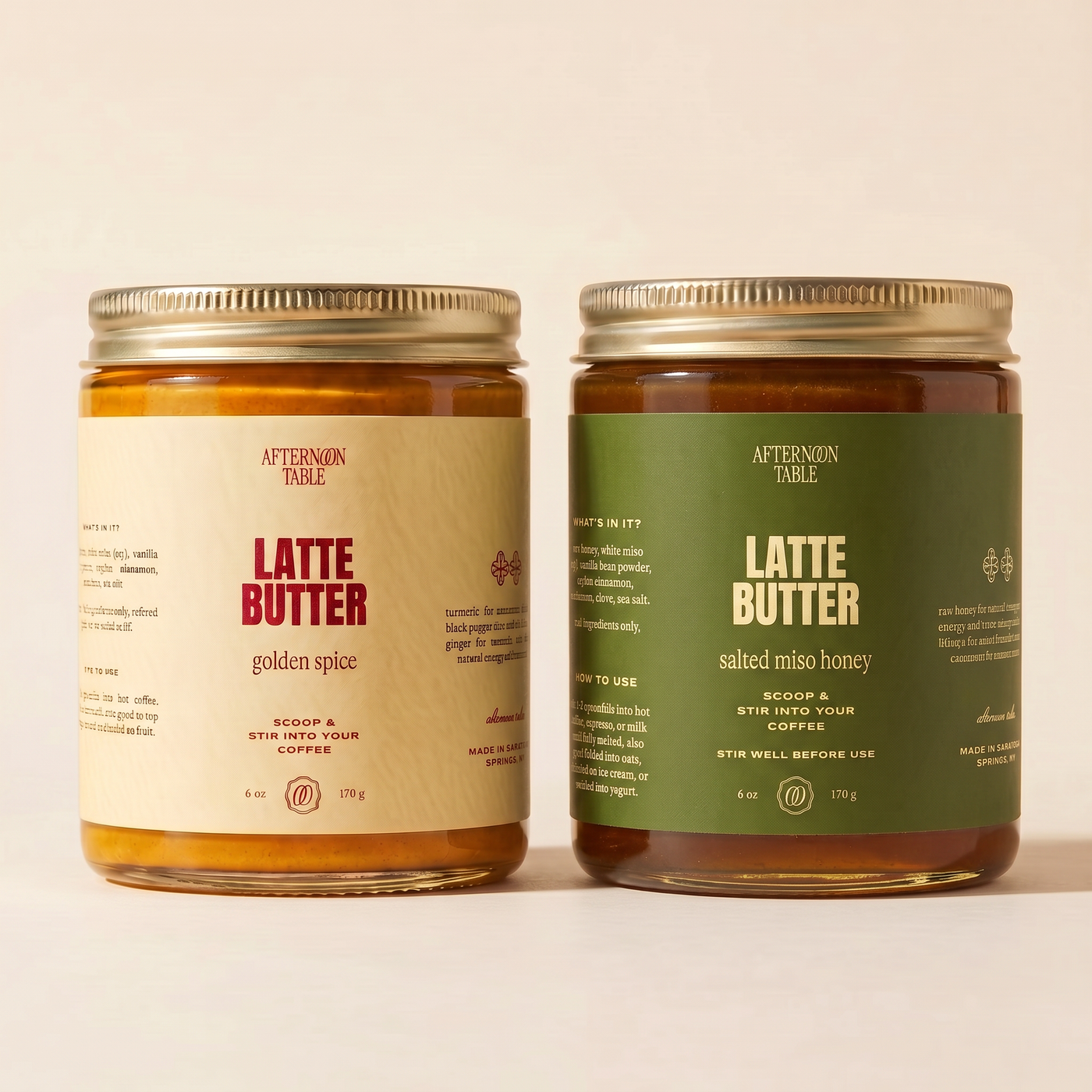 latte butter duo, golden spice and salted miso honey jars side by side