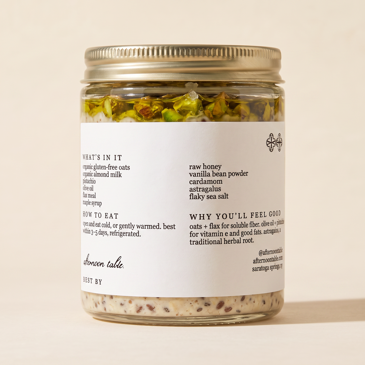 afternoon table olive oil + pistachio oats, 6 oz jar